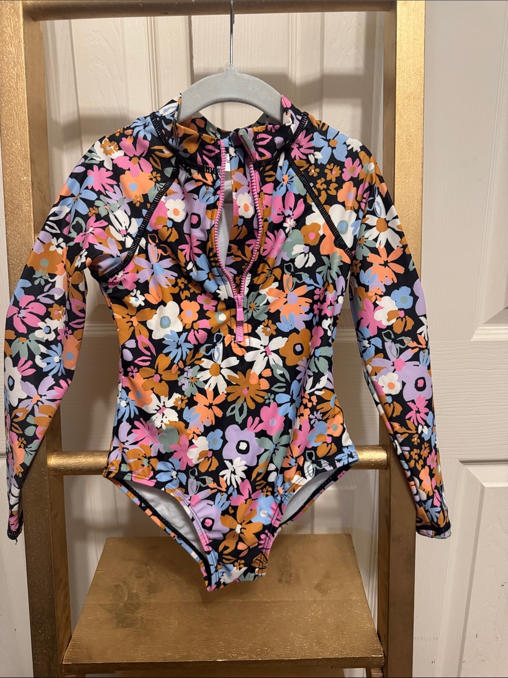 Cotton On Black Multi Floral Long-Sleeve One-Piece Swimsuit